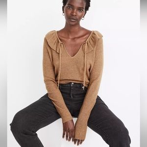 Madewell Tie-Neck Ruffle Pullover Sweater in Heather Sandalwood (Brown)